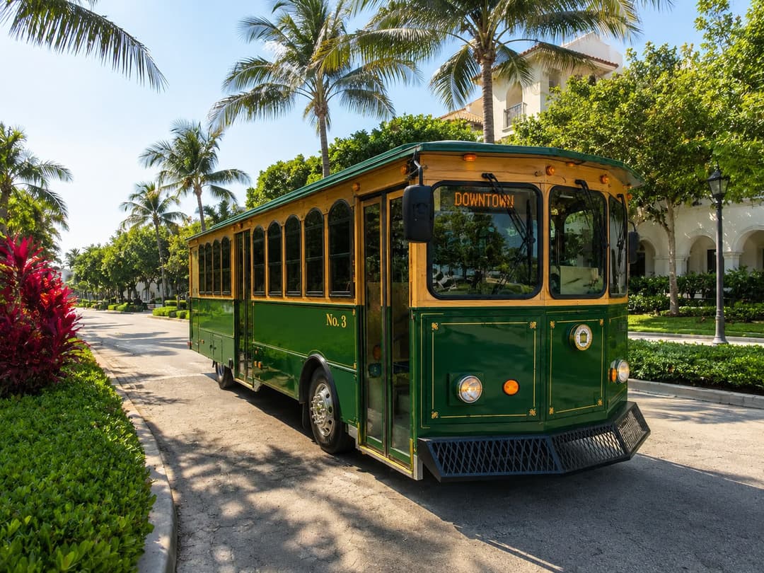 Green and gold Rent A Trolley trolley with a Downtown destination sign, available for Boca Raton weddings, galas, and guest shuttles