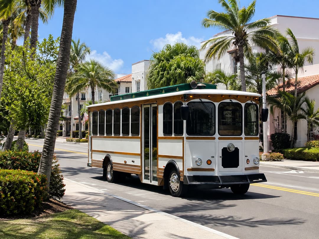 White and wood-trimmed Rent A Trolley trolley with a green roof, available for Delray Beach weddings and Atlantic Avenue events