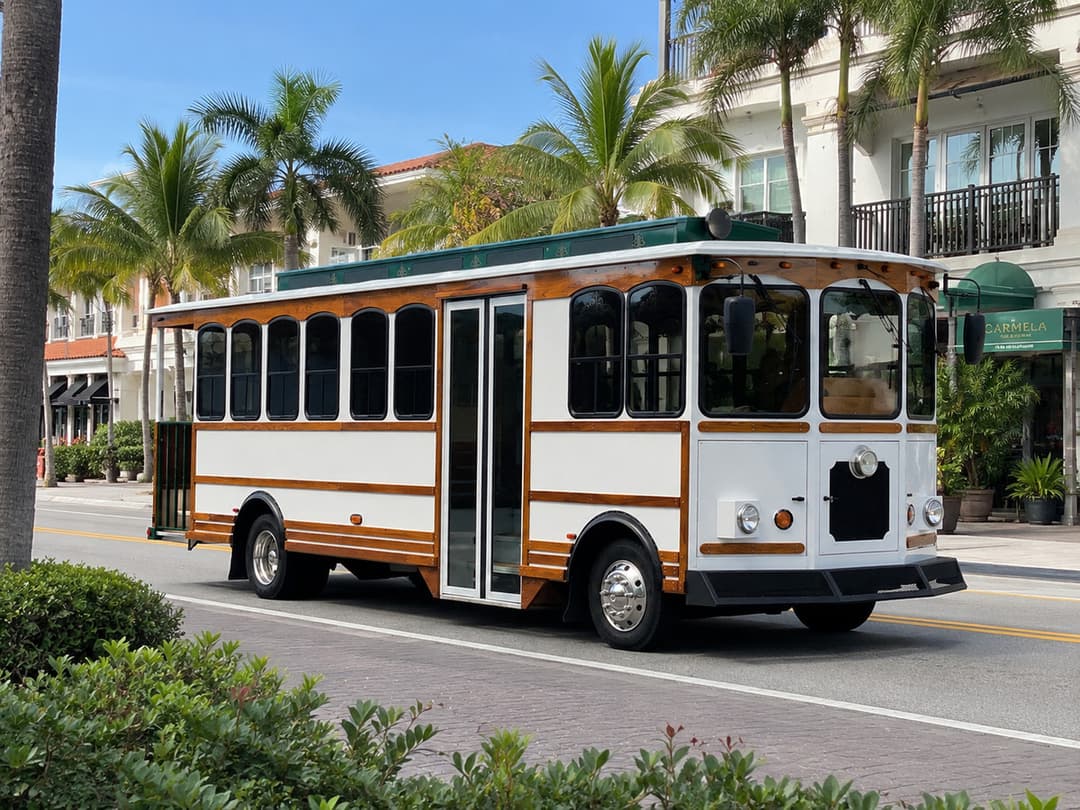 White Rent A Trolley trolley, available for Lake Worth Beach weddings and downtown events