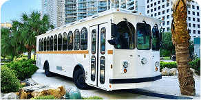 Exterior view of White Classic Trolley – 30 Passengers