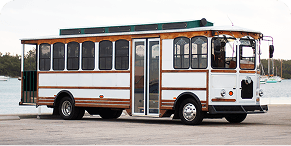 Exterior view of White Classic Trolley – 28 Passengers