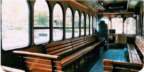 Interior view of White Classic Trolley – 30 Passengers